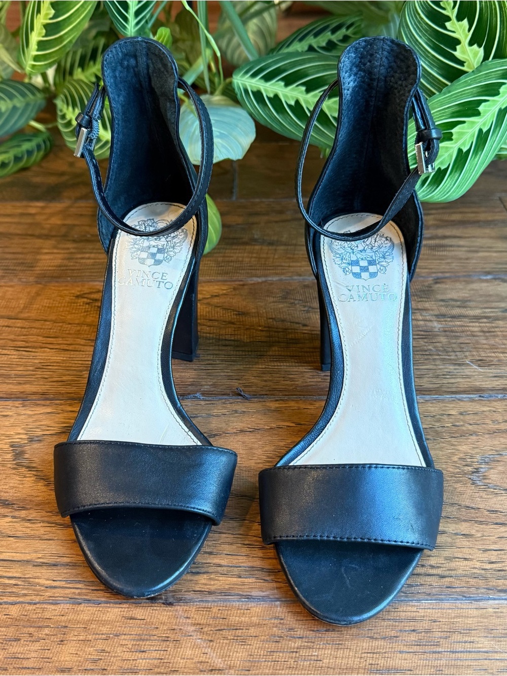 Vince Camuto Black Leather Block Heel Sandals with Ankle Strap